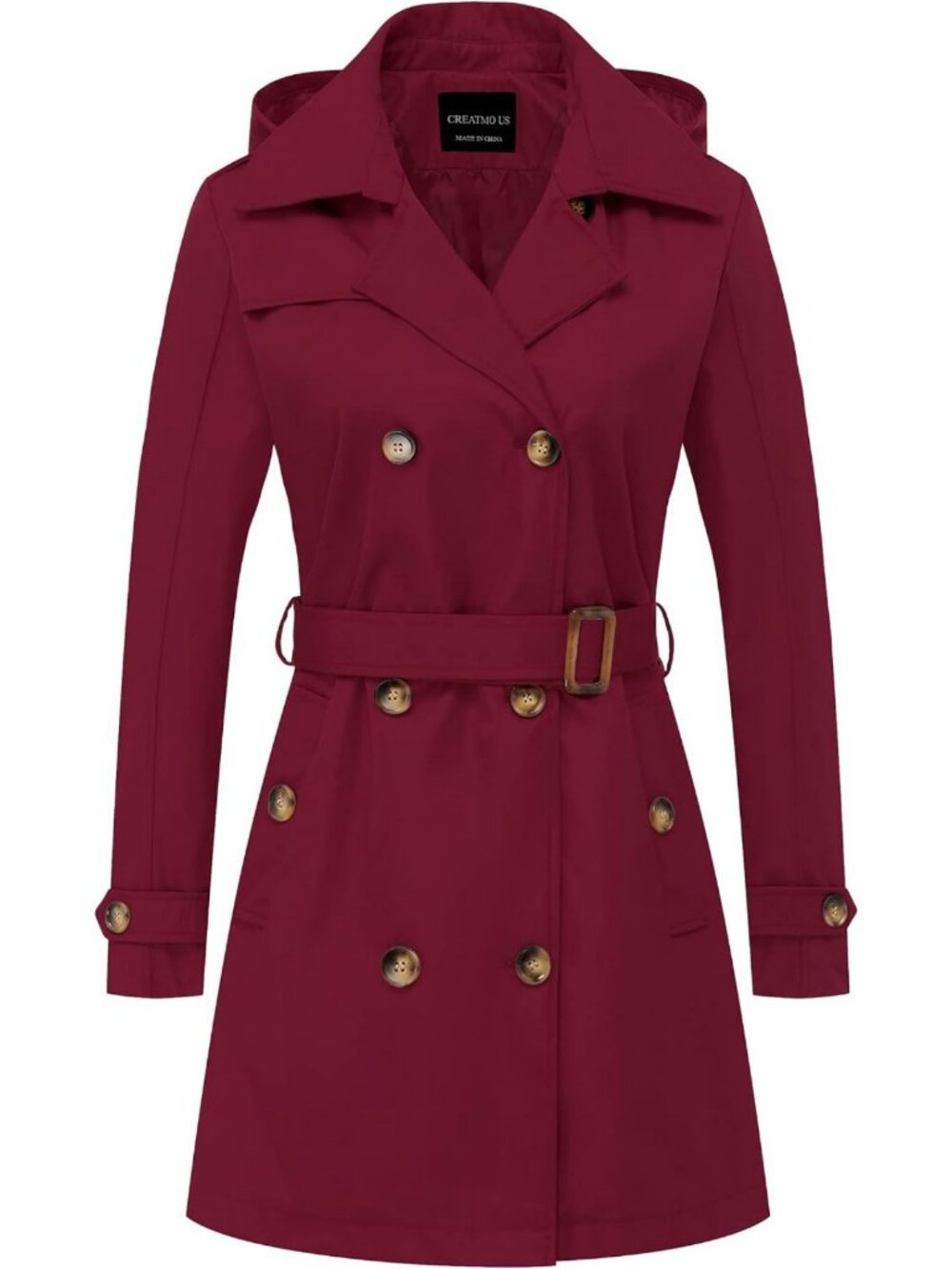Chic Women's Double-Breasted Trench Coat with Detachable Hood & Belted Slim Fit